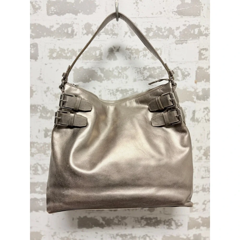 Cole Haan Avery Large Metallic Pewter Hobo Shoulder Bag Y2K Buckle Slouchy